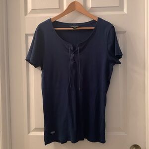 Lauren Ralph Lauren Indigo Blue 1X Top Cap Sleeves, Lace-up Neckline